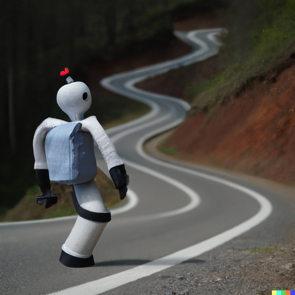 a robot walking down a long winding road carrying a knapsack